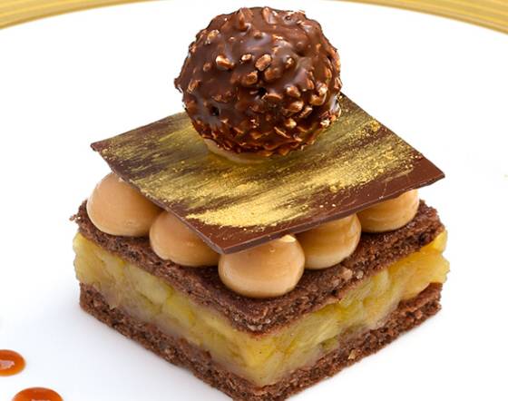 Chocolate cubes with pippin apple compote and Ferrero Rocher